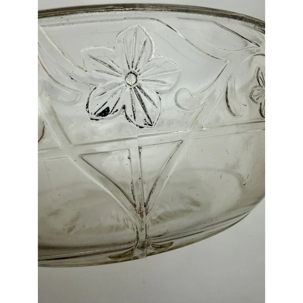 VTG Manganese Clear Pressed Glass Bowl Floral Vine Starburst Base UV Glow 9.5